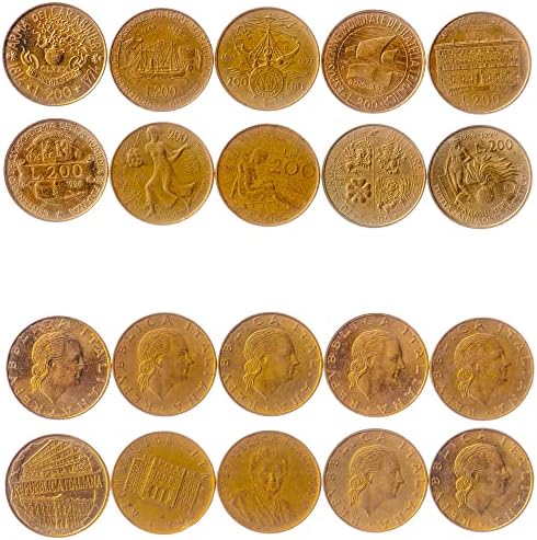 10 מטבעות מאיטליה | איטלקי מטבע סט אוסף 200 לירות | 1980-1999